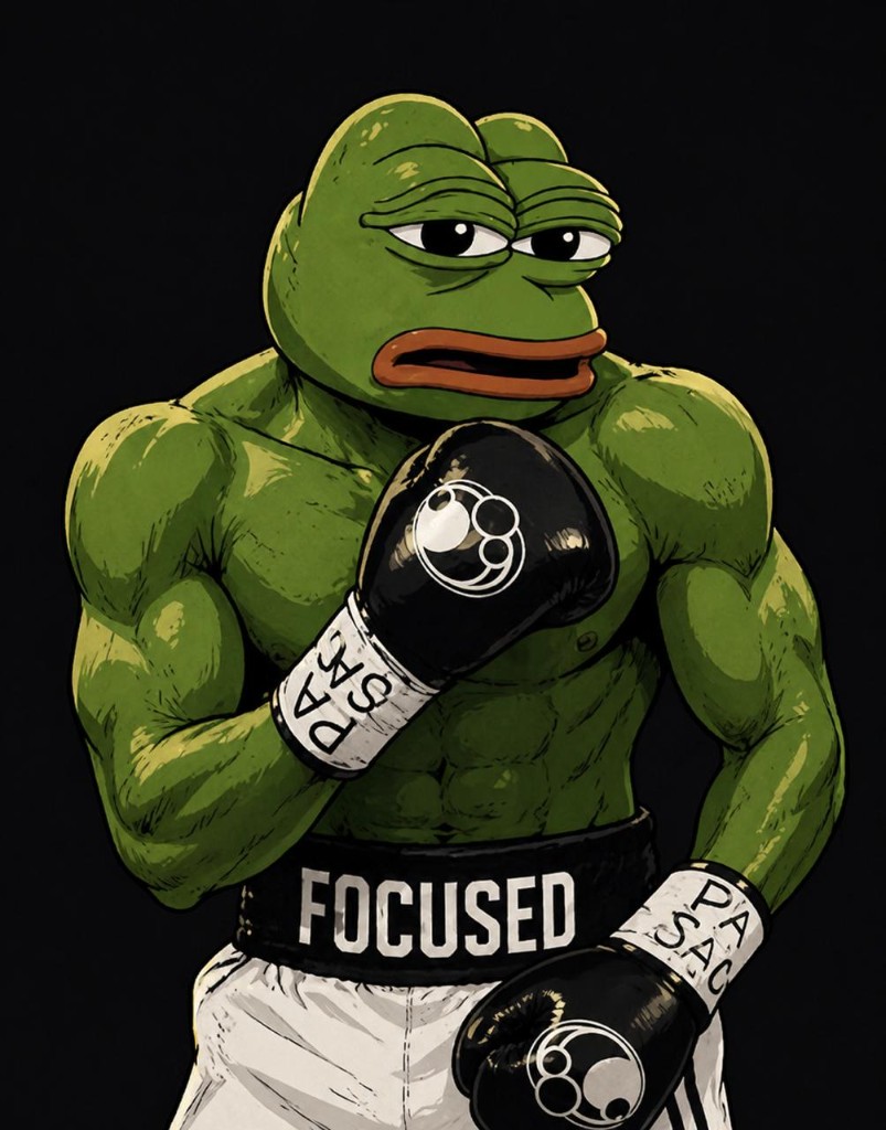 Muscular Pepe as a boxer in gloves; the waistband reads Focused