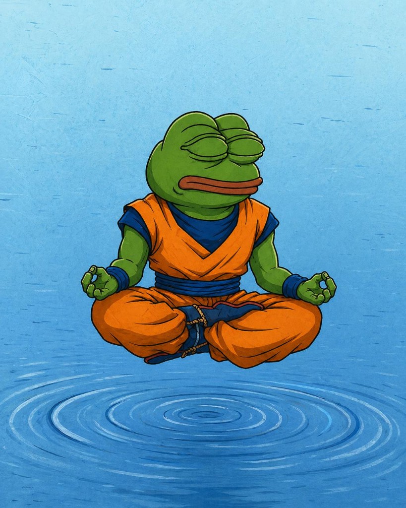 Pepe in a Goku-style gi levitating in meditation over rippling water