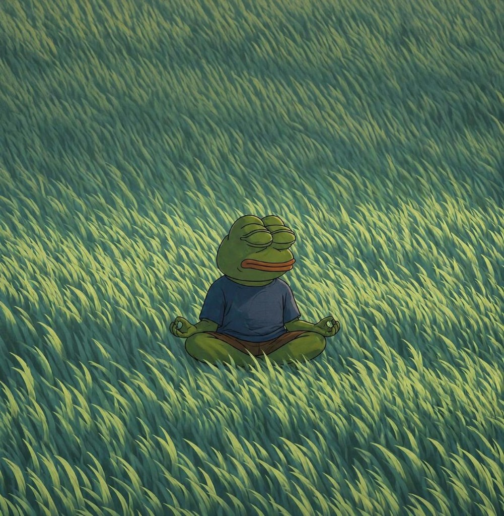 Pepe the Frog meditating in a field of tall green grass