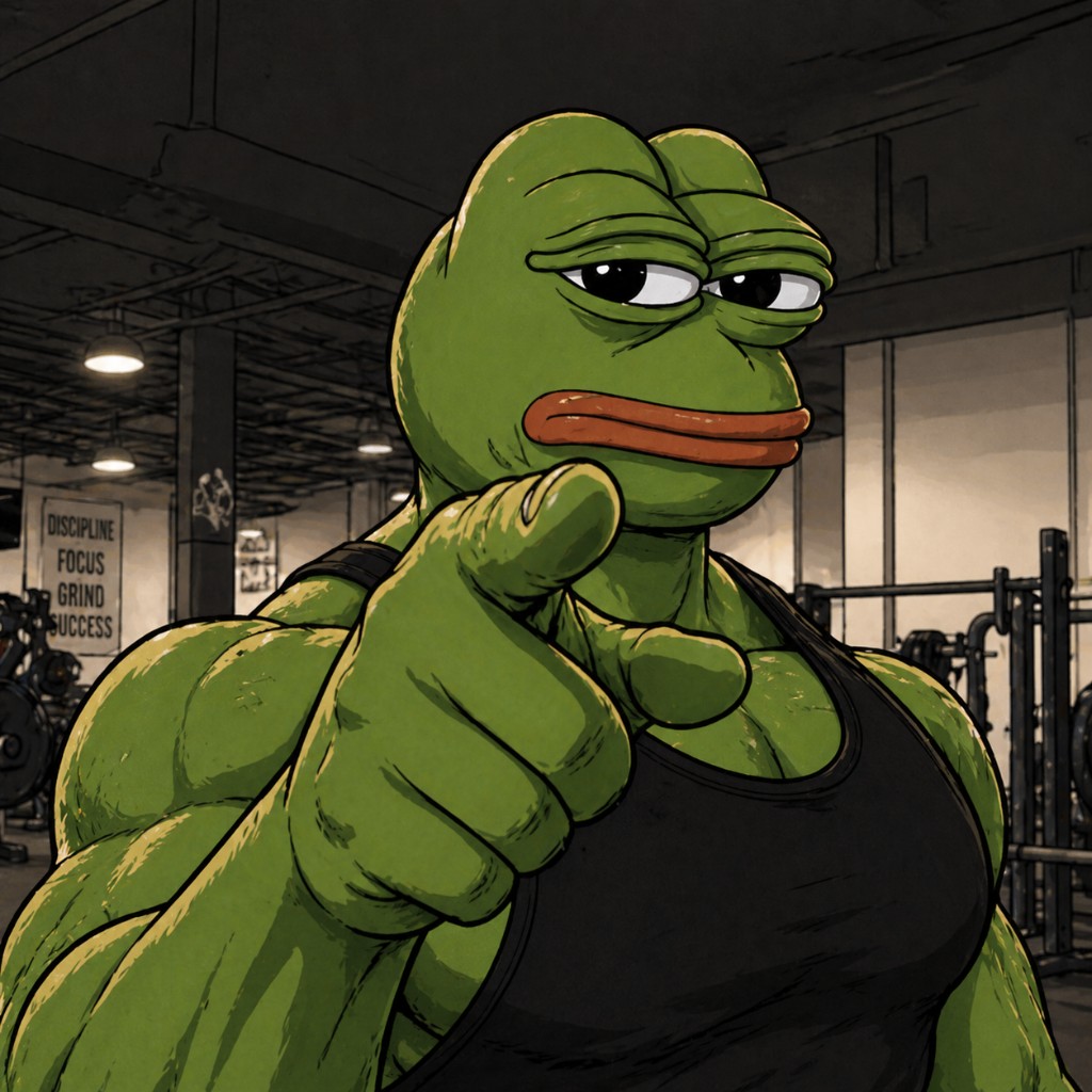 Muscular Pepe in a gym pointing at the viewer, with discipline and focus signage